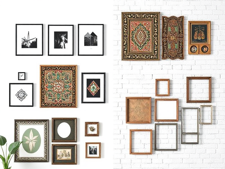 Four different wall decor styles side-by-side: 1) Minimalist white walls with black frames, 2) Bohemian interiors with colorful, intricate frames, 3) Rustic wood frames on a white brick wall, and 4) Modern metallic frames in a geometric arrangement