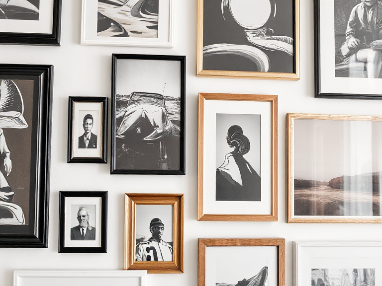 A close-up of a gallery wall on white walls, featuring a mix of black, white, metallic, and wooden frames, displaying a variety of art and photography