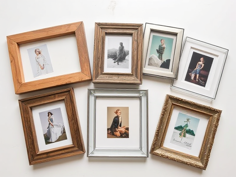 A collection of different photo frame materials laid out on a white table: natural wood, distressed wood, metallic, acrylic, and gilded frames, each with a small art piece inside