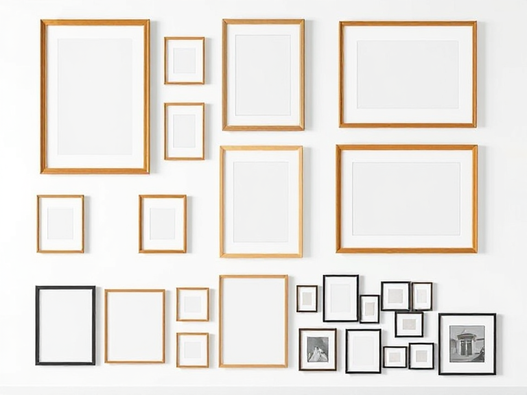 A wall mockup showing various frame layouts: symmetrical grid, asymmetrical arrangement, and a gallery wall with mixed sizes and styles on white walls