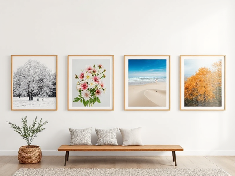 Four seasonal gallery wall setups on white walls: winter-themed snowy landscapes, spring floral art, summer beach scenes, and fall-themed warm-toned photography