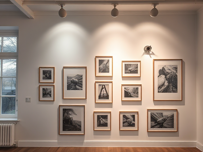 A white gallery wall illuminated by a mix of spotlights, ambient wall sconces, and natural light from a nearby window, highlighting photo frames and their textures.