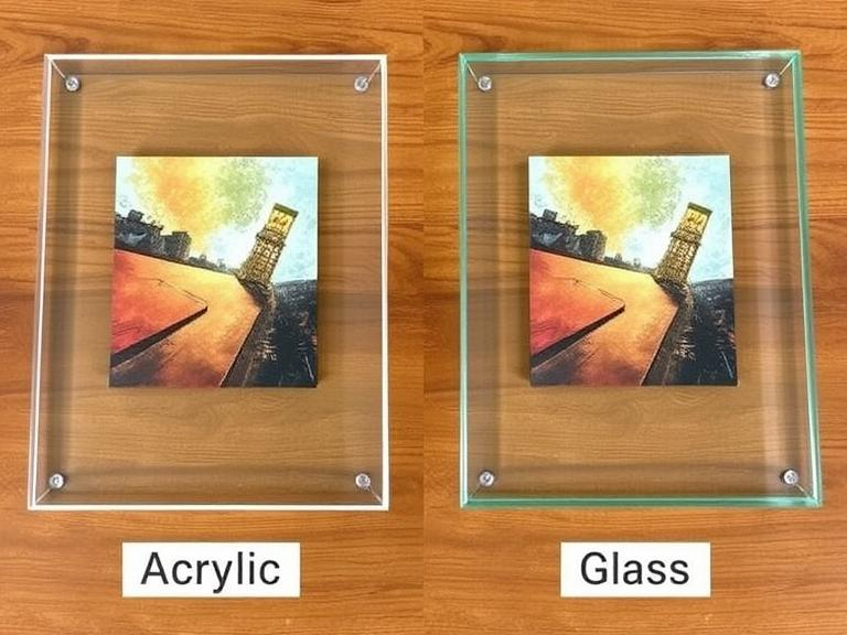 A clean, side-by-side visual comparison of an acrylic frame and a glass frame, each displaying identical artwork, placed on a wooden table. Labels highlight the material names ('Acrylic' and 'Glass')