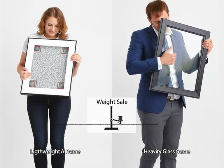 Two individuals holding frames of the same size: one person easily carrying a lightweight acrylic frame, while the other struggles with a heavier glass frame. A weight scale graphic is overlaid to reinforce the comparison.