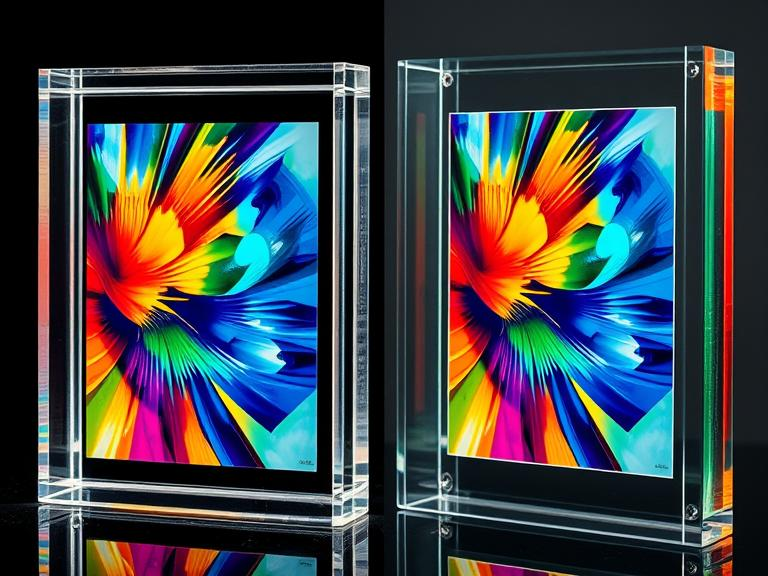 Close-up shots of an acrylic frame and a glass frame displaying identical colorful artwork. The lighting emphasizes the transparency of both, with subtle differences like a greenish tint in the glass