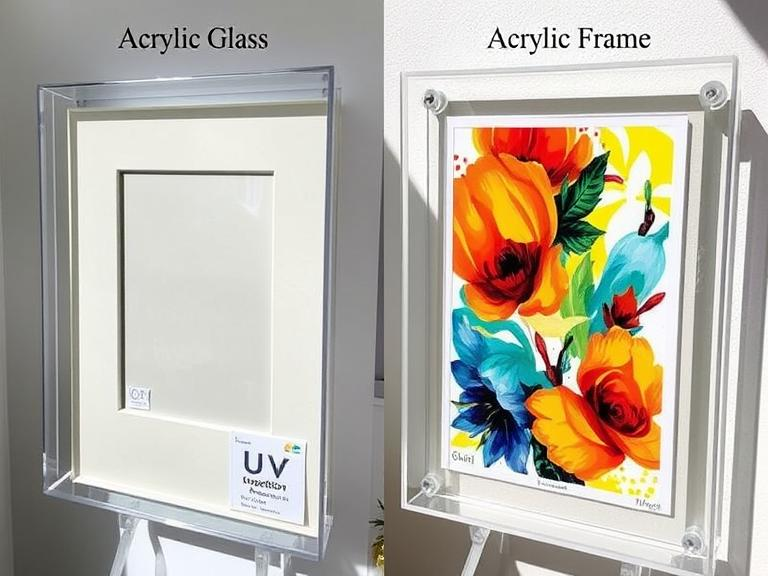 Acrylic and glass frames displayed under sunlight with a UV protection label on the acrylic frame. The artwork inside the glass frame shows slight fading, while the acrylic frame artwork remains vibrant.