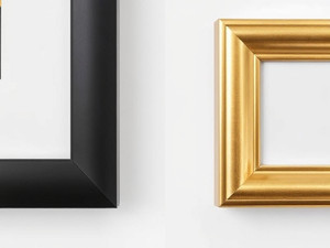 Two close-up shots of framed artwork side-by-side: one with a matte black frame finish and another with a glossy metallic gold finish, against a white background.