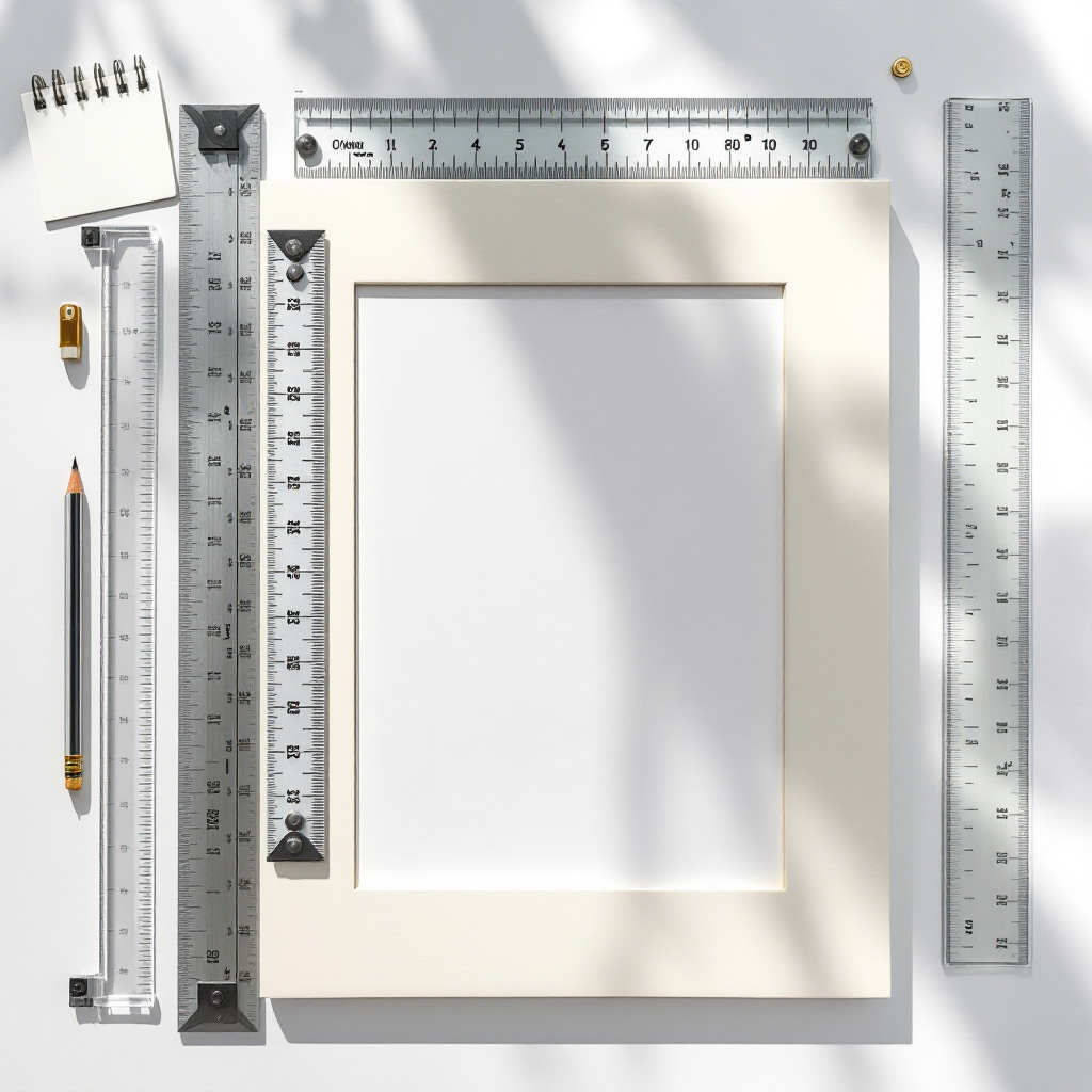 Photograph the process of centering a photo on a larger mat board. Include measuring tools visibly showing the mat border measurements. Capture the scene from above with the photo centered on a white or cream-colored mat with measuring tools positioned to show equal borders.