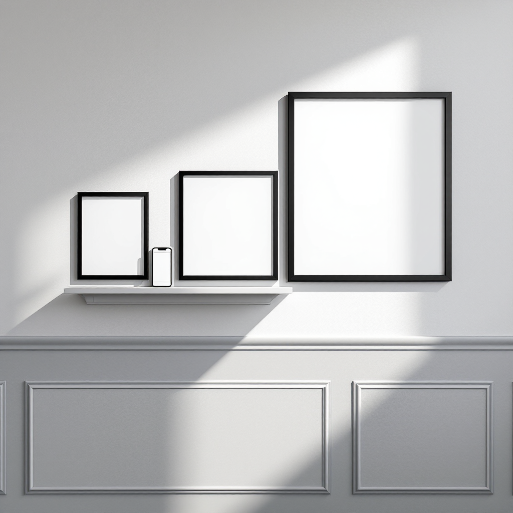  Arrange standard-sized frames (4×6, 5×7, 8×10, 11×14) in ascending order on a wall or table. Include a common object for scale reference (like a smartphone or coffee mug). Take a straight-on photo with good lighting to clearly show the size progression.