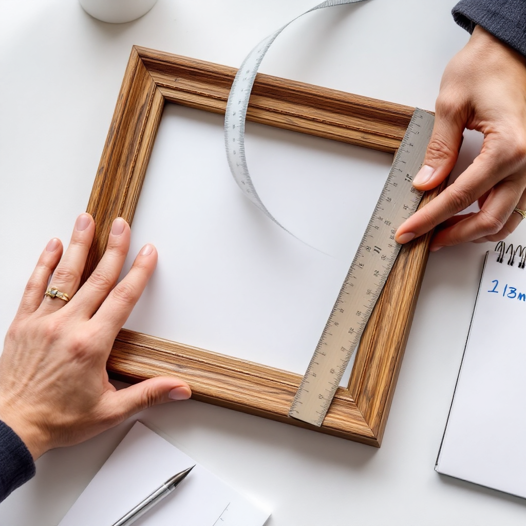 Photograph a person's hands using a metal ruler or tape measure to measure both the inside and outside dimensions of a wooden picture frame on a clean, well-lit surface. Position the ruler clearly showing measurement markings. Include a notepad with measurements written down nearby.