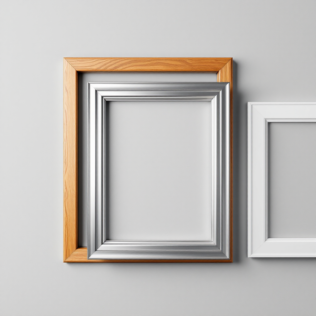 Arrange a collection of different frame types (wooden, metal, plastic) side by side on a neutral background. Take a well-lit overhead shot that clearly shows the different parts of each frame, particularly focusing on the rebate (the recessed area that holds the glass and photo).