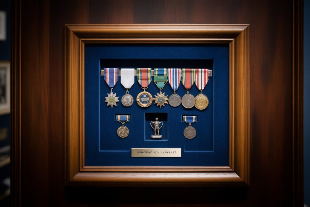 An elegant shadow box display featuring a collection of military medals, sports medals, and a small trophy arranged against a navy blue velvet background. The deep wooden frame should be professionally lit to highlight the dimensional qualities of the objects. The arrangement should show various mounting techniques including ribbon suspension for medals and custom supports for the trophy. The overall aesthetic should be sophisticated and museum-quality with attention to detail in the spacing and alignment of objects