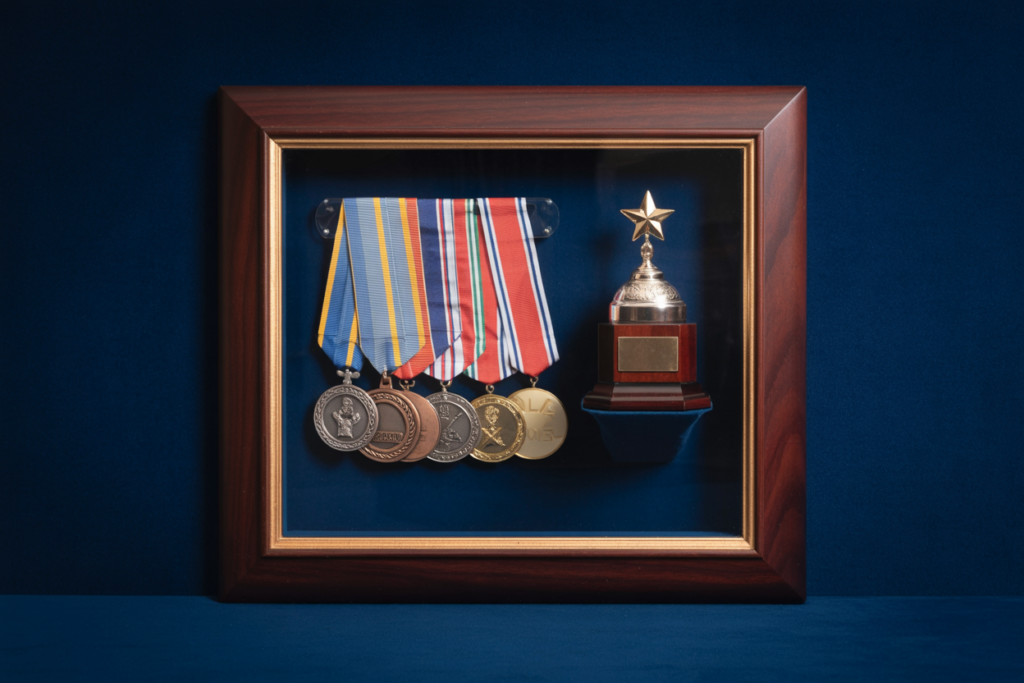 An elegant shadow box display featuring a collection of military medals, sports medals, and a small trophy arranged against a navy blue velvet background. The deep wooden frame should be professionally lit to highlight the dimensional qualities of the objects. The arrangement should show various mounting techniques including ribbon suspension for medals and custom supports for the trophy. The overall aesthetic should be sophisticated and museum-quality with attention to detail in the spacing and alignment of objects
