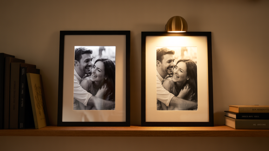 A split-image showing the same framed candid photo under different lighting conditions. On the left, harsh direct lighting creates glare on the glass that obscures the image. On the right, soft indirect lighting perfectly illuminates the photo without glare. Include a small accent light positioned above the properly lit frame, demonstrating how dedicated picture lighting enhances the display. The room should have a warm, inviting atmosphere with the framed candid as a focal point.