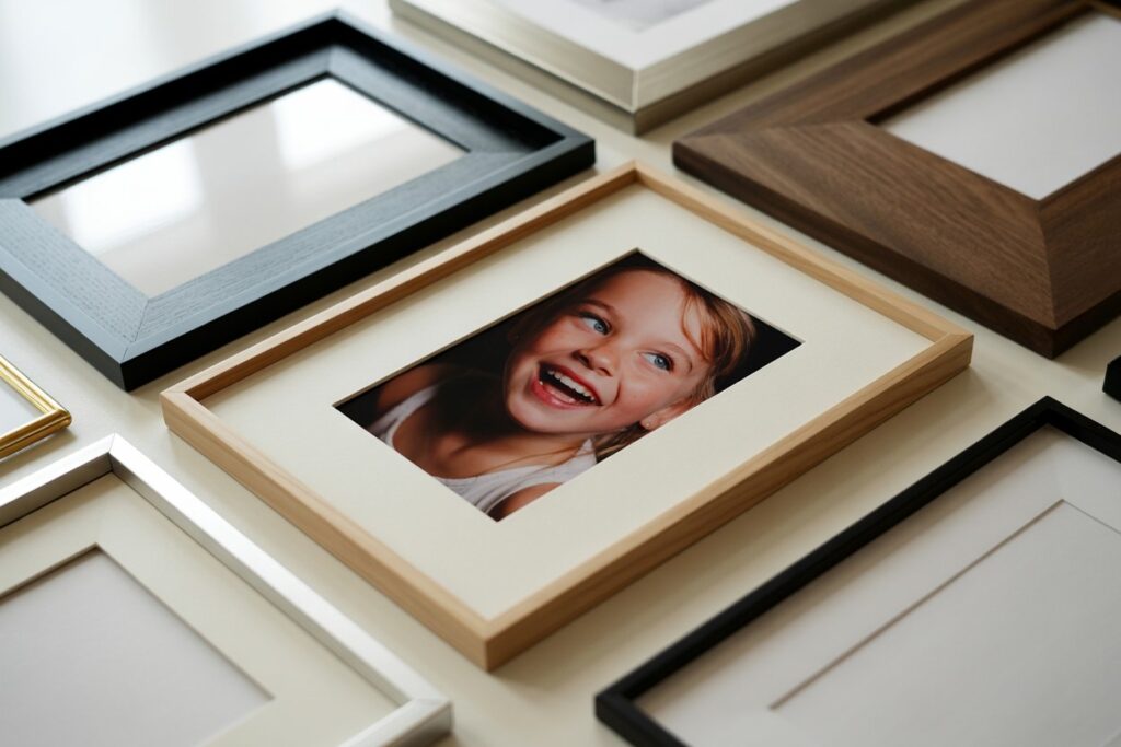 A flat lay composition of various photo frame styles suitable for candid photography - including minimalist wood frames in light and dark finishes, thin metal frames in black and silver, and white frames with different mat widths. A candid photo of a laughing child is shown being placed into one of the frames, demonstrating the framing process. The arrangement should look organized yet natural, with soft, even lighting highlighting the textures and finishes of each frame