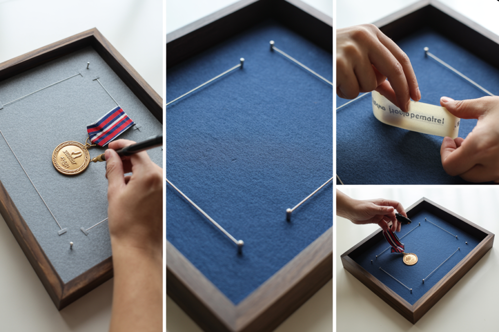 A four-panel instructional image showing the process of framing a medal in a shadow box: Panel 1: Clean medal being measured against a backing board with placement marks. Panel 2: The backing board covered with navy fabric with pins ready for mounting. Panel 3: Hands using archival methods to secure the medal to the backing. Panel 4: The completed mounting being placed into the shadow box frame. The lighting should be bright and clear to show detailed techniques, with hands visible to demonstrate proper handling techniques