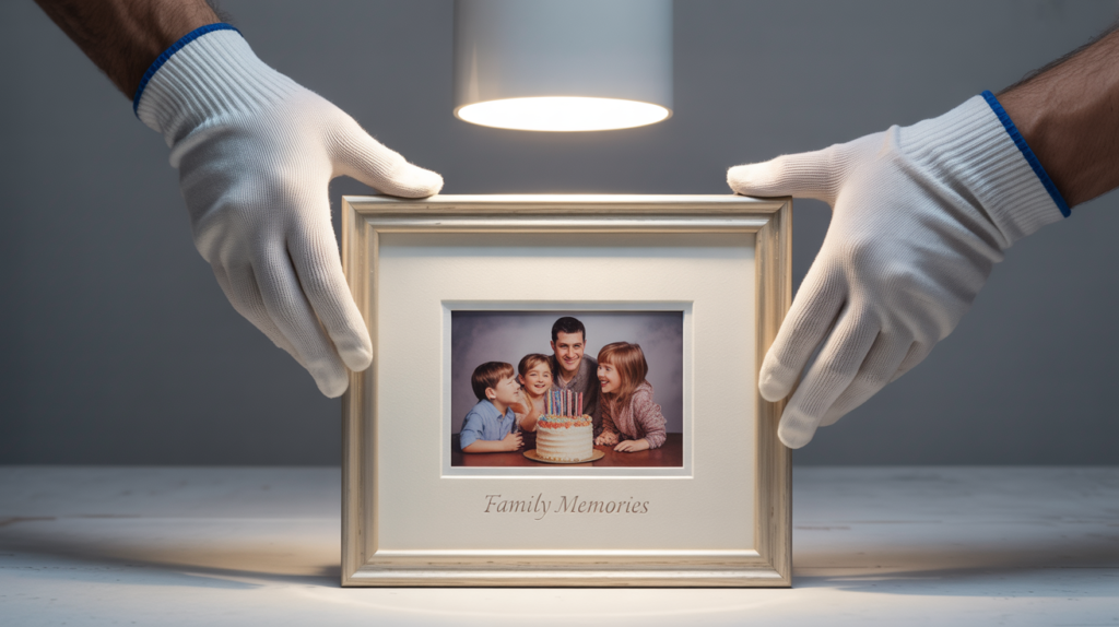 A detailed close-up image showing the cross-section of a properly framed candid photo with labeled components: UV-protective glass, acid-free matting, the photo itself (showing a candid family moment), acid-free backing board, and dust cover. Include hands wearing white cotton gloves handling the frame, emphasizing the care needed for preservation. The lighting should be clean and clinical to highlight the archival materials and professional framing techniques